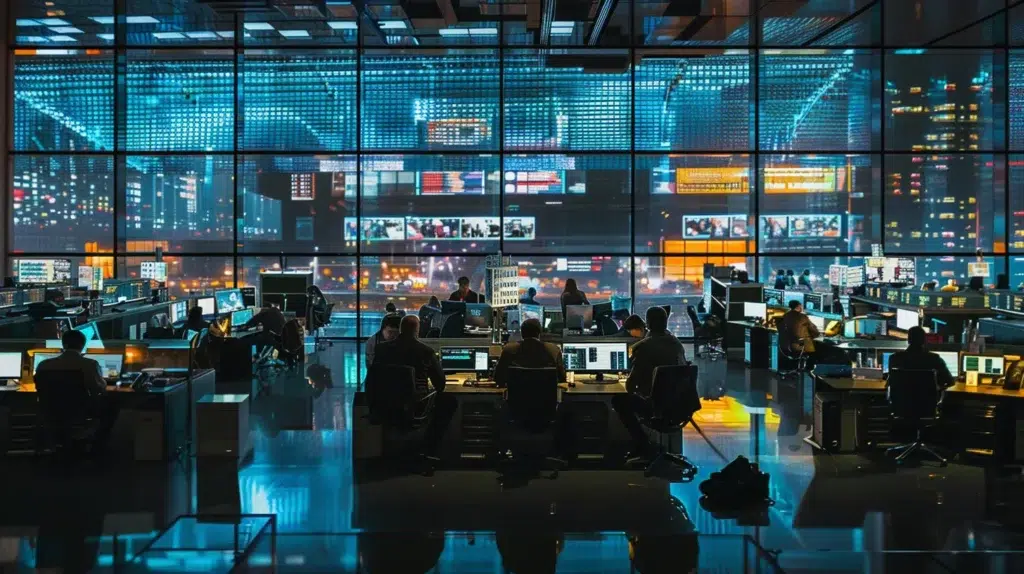 a bustling urban office environment, featuring sleek glass desks filled with modern technology, where focused professionals collaborate around a large digital display, illuminated by the sharp glow of fluorescent lights reflecting off polished surfaces.