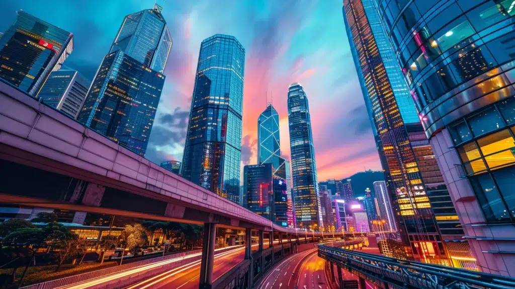 a dynamic cityscape at dusk captures the illuminated skyline of modern skyscrapers, reflecting the vibrant pulse of urban life through sleek glass facades and colorful neon signs.