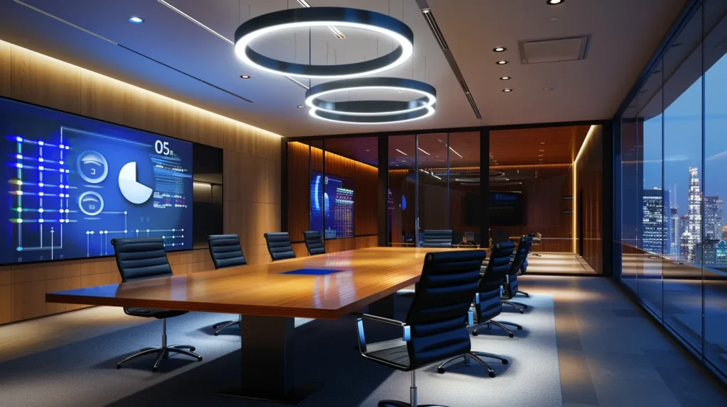 a sleek, modern office bathed in warm artificial light, featuring a polished conference table surrounded by stylish ergonomic chairs, with a large digital screen displaying vibrant data analytics, embodying innovation and collaboration in a professional setting.