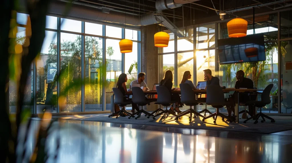 a sleek, modern office bathed in warm, ambient lighting showcases a diverse team engaged in a vibrant brainstorming session around a high-tech conference table, exuding energy and collaboration.