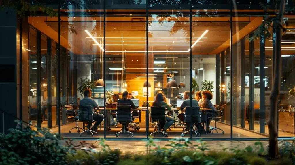 a sleek, modern office space with dynamic glass walls showcases a diverse team engaged in a lively brainstorming session, illuminated by bright, focused artificial lighting that highlights their collaboration and innovative energy.