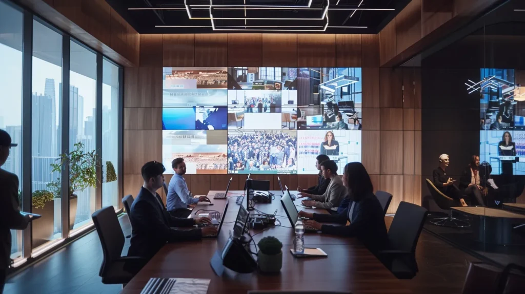 a sleek, modern office space filled with innovative technology and vibrant digital displays captures a dynamic team collaboration, emphasizing productivity and creativity in a corporate environment.