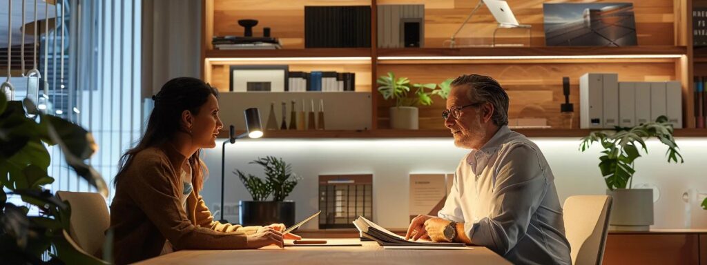 a confident homeowner engages in a collaborative discussion with a knowledgeable solar expert at a sleek, modern office, illuminated by bright, artificial lighting and surrounded by informative materials on solar energy solutions and financial options.