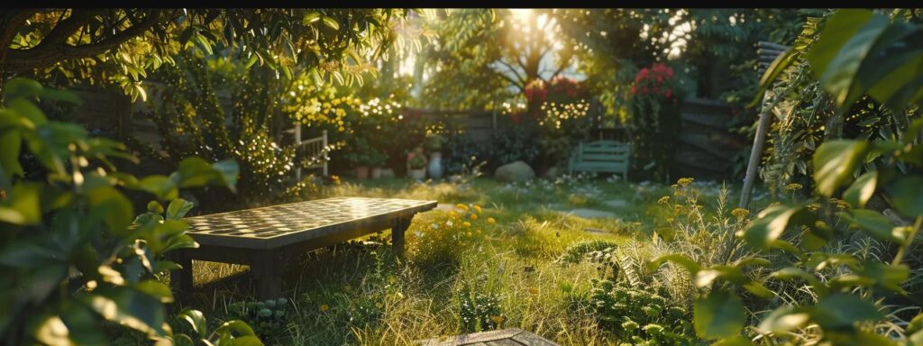 a freshly cleaned solar panel gleaming under the bright sun, surrounded by a lush green garden.