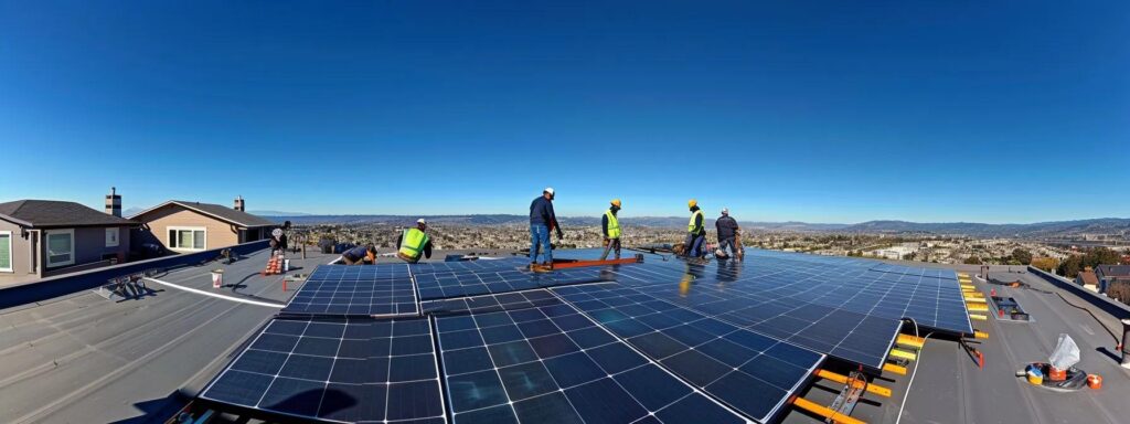 a meticulous installation process for solar panels underway, with workers carefully positioning and securing components on a rooftop under a clear blue sky.