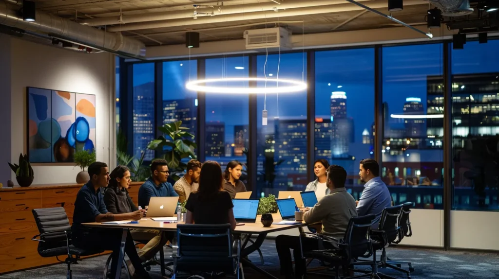 a modern office interior showcases a diverse group of homeowners gathered around a sleek conference table, engaged in an animated discussion about solar financing options, illuminated by bright overhead lights and featuring large windows with a city skyline backdrop.