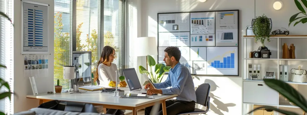 a modern office interior showcases a confident homeowner engaged in a detailed discussion with a professional solar installer, surrounded by models of solar panels and charts displaying energy savings, highlighting the importance of choosing reputable services during the energy transition.