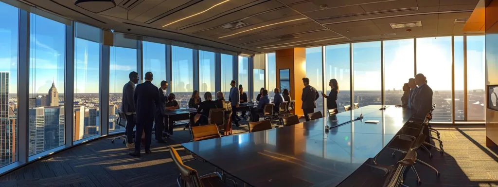 a modern office setting showcases a group of focused professionals gathered around a sleek conference table, engaged in a dynamic discussion about strategic planning for solar installations as federal tax credits decline, with vibrant cityscape views visible through large windows.