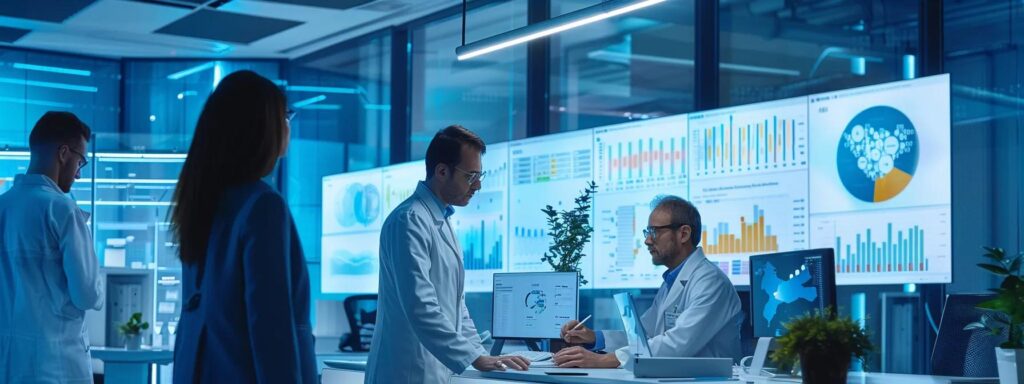 a modern office space features a diverse group of professionals intently analyzing customer reviews on sleek laptops, surrounded by dynamic charts and data visualizations about solar provider performance, emphasizing the importance of informed decision-making for sustainable energy investments.