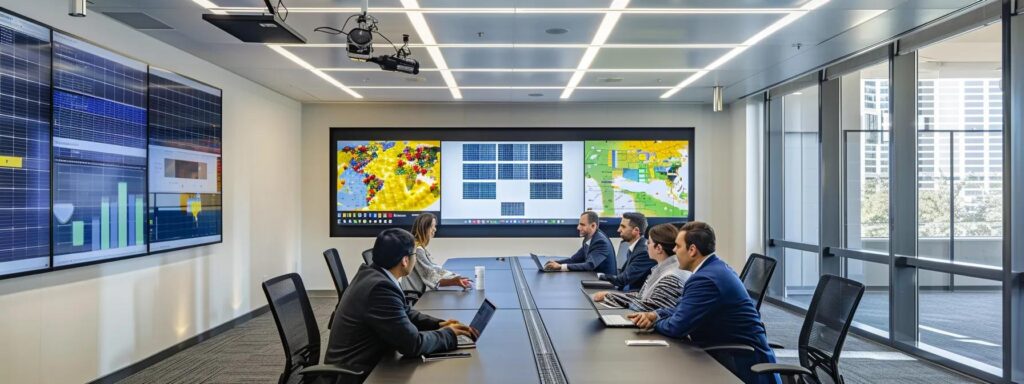 a modern office space featuring a sleek conference table where a diverse group of professionals engages in an animated discussion, surrounded by digital displays showcasing solar panel designs, financing options, and testimonials from satisfied customers, highlighting the evaluation of local solar power company services.