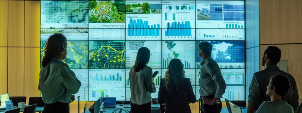 a modern office space showcases a diverse team collaborating over solar energy policy documents, with a large wall display illustrating local regulations and incentives, bathed in bright artificial light to emphasize the buzz of innovation and shared purpose.
