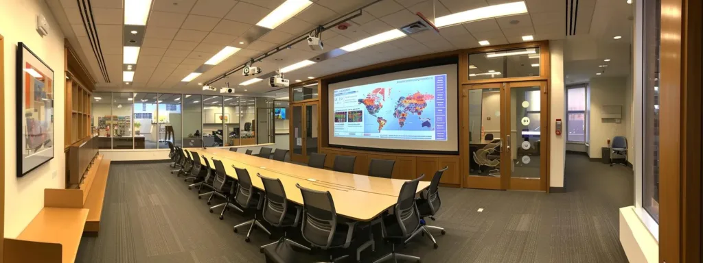 a modern office space showcases a sleek conference room with a large screen displaying a vibrant infographic about the 2025 solar tax credit changes, emphasizing its impact on solar adoption in massachusetts and rhode island, illuminated by focused spotlights.