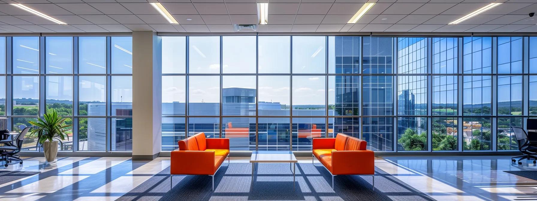 a modern solar power company office, featuring sleek solar panel displays and vibrant, energy-efficient technology, illuminated by sophisticated led lighting and set against a backdrop of large windows revealing a bustling urban landscape.