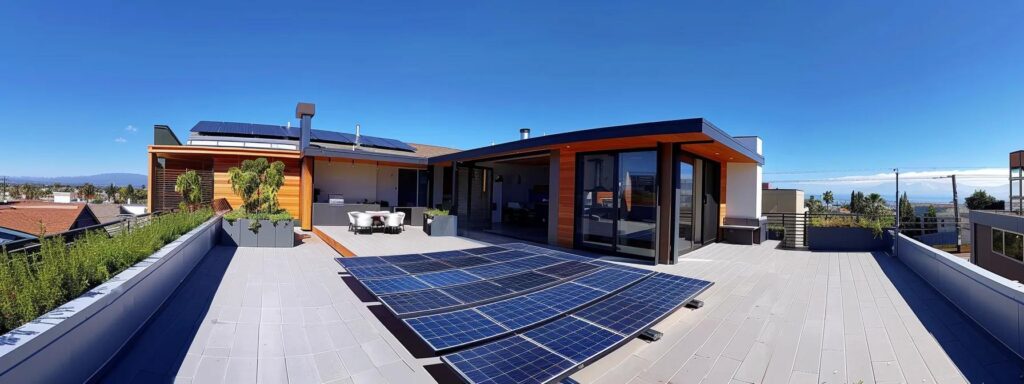a rooftop covered in sleek, high-efficiency solar panels under a clear blue sky, showcasing the perfect solar panel system for a modern home.
