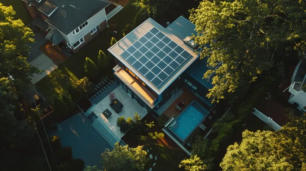 a sleek modern home in an urban massachusetts setting showcases a newly installed solar panel system, capturing the essence of energy efficiency and long-term financial benefits with a bright, inviting ambiance.