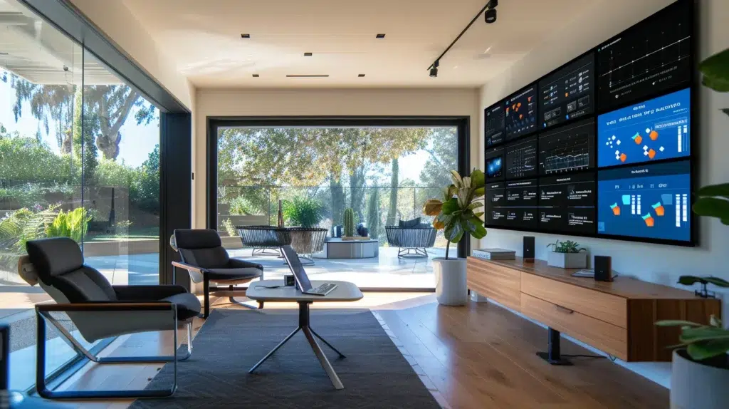 a sleek, modern home office showcases an interactive digital display revealing a detailed breakdown of solar installation costs in massachusetts, with an emphasis on system size and regional pricing variations against a backdrop of contemporary design elements.