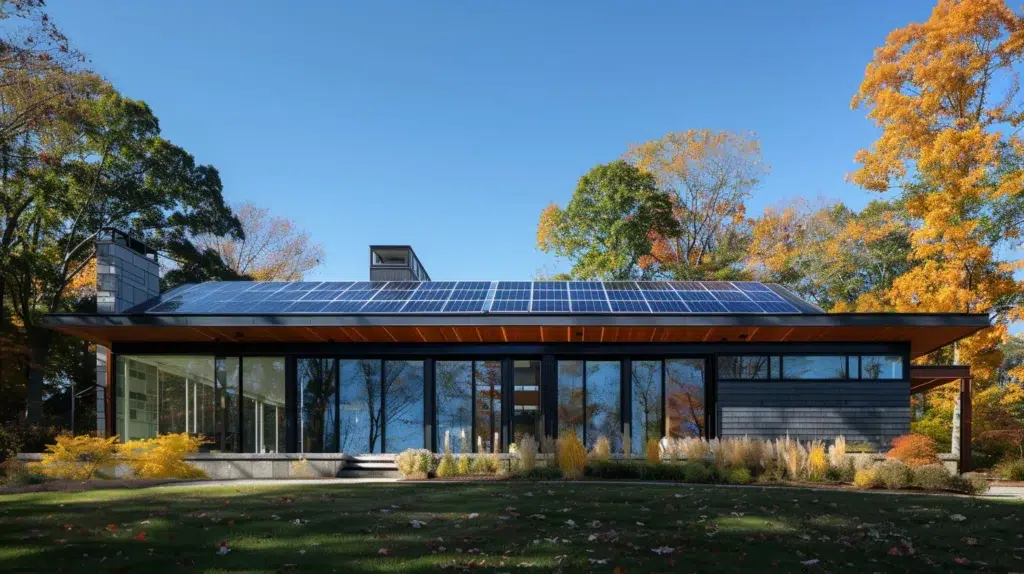 a sleek, modern massachusetts home showcases an array of stylish solar panels on its roof against a backdrop of a clear blue sky, highlighting the investment in renewable energy and sustainability.