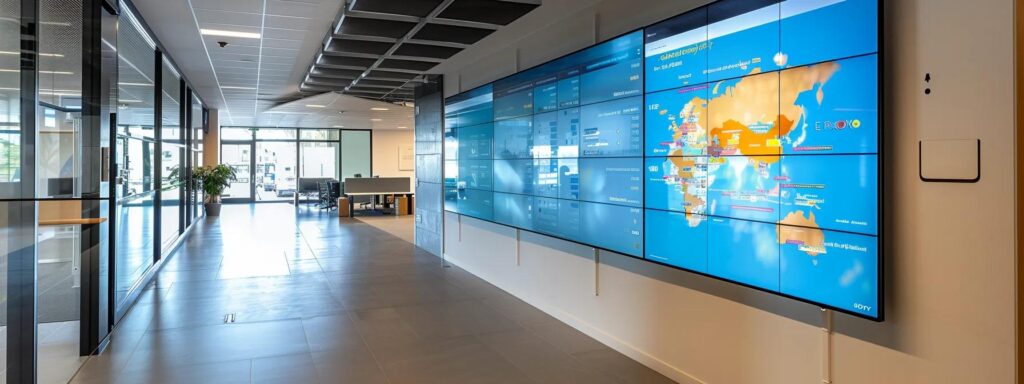 a sleek modern office environment features a large touchscreen display showcasing an interactive map of local solar power companies, with digital reviews and ratings prominently highlighted, conveying the essence of informed decision-making for homeowners considering solar panel installation.