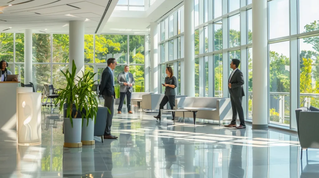 a sleek, modern office space filled with confident professionals discussing solar energy strategies, surrounded by large windows showcasing solar panels on nearby rooftops, highlighting the financial benefits of solar incentives and rebates in massachusetts.