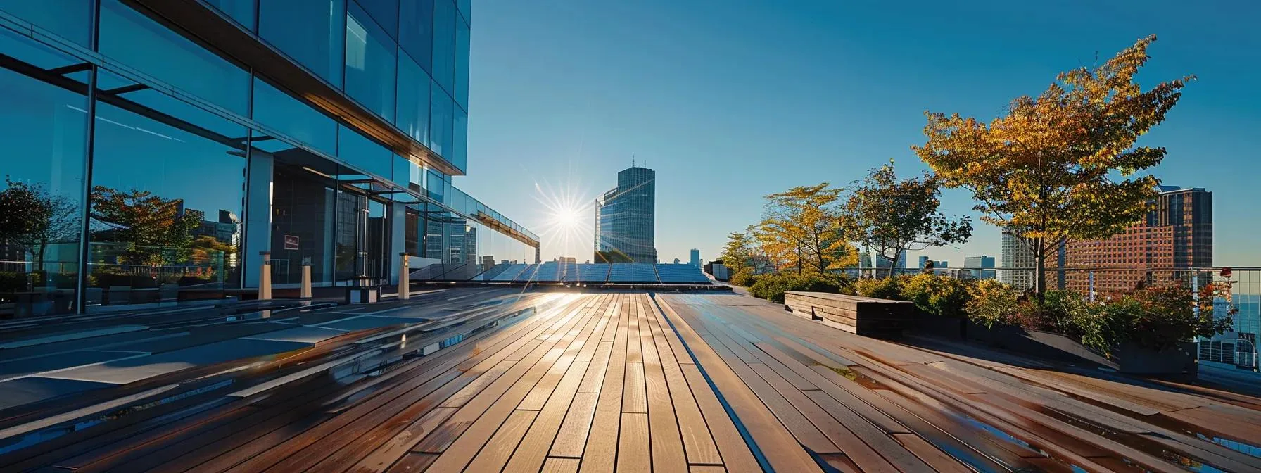 a sleek urban rooftop adorned with gleaming solar panels under a clear blue sky, showcasing the advanced solar technology embraced by top-rated companies in massachusetts and rhode island.