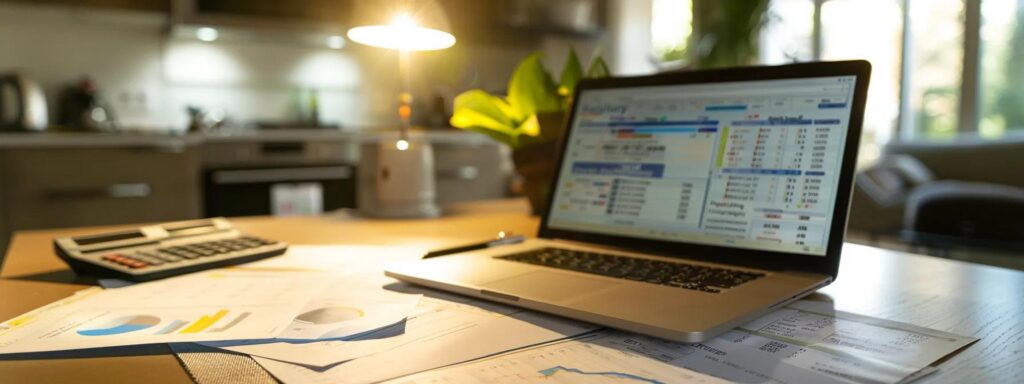 a close-up, detailed view of a massachusetts electric bill laid out on a sleek office desk, with an open laptop displaying energy comparison charts and a calculator, illuminated by soft artificial lighting to enhance the bill's various charges and metrics.