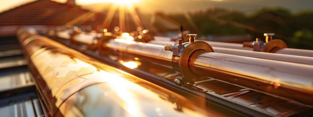 a homeowner inspecting a shiny copper solar panel installation on their roof, surrounded by sturdy clamps, under the glowing sun.