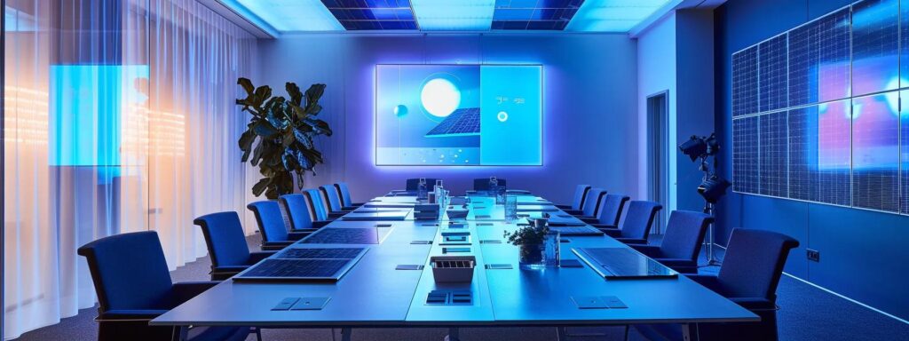 a modern conference room set up for a consultation, featuring a sleek table with solar panel samples and a digital presentation showcasing efficiency metrics, illuminated by soft ambient lighting to convey professionalism and innovation.