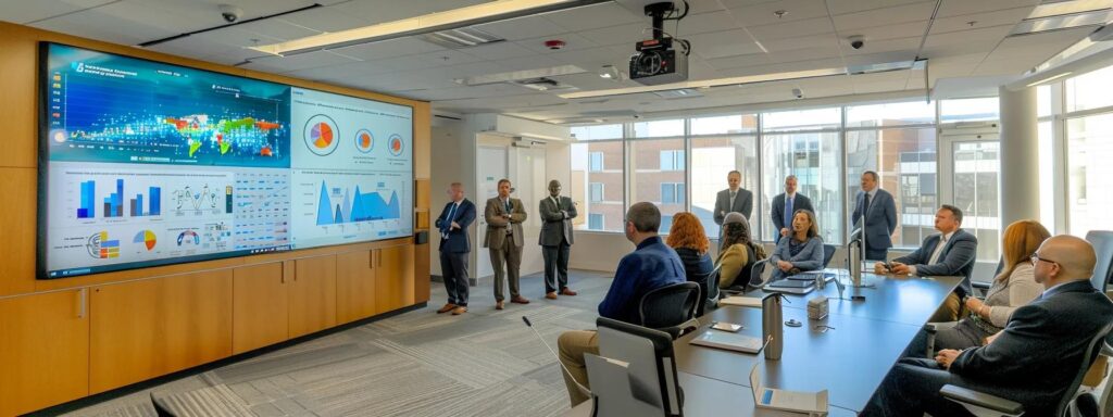 a modern office setting showcases a diverse group of professionals gathered around a sleek conference table, intensely discussing rhode island's solar incentives and policies for 2025, with dynamic charts and visuals displayed on a high-tech screen in the background.