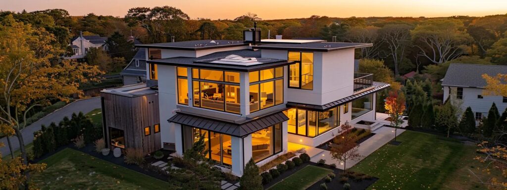 a modern rhode island home features sleek solar panels on its roof, bathed in warm afternoon light, signifying energy independence and sustainability in an urban neighborhood setting.
