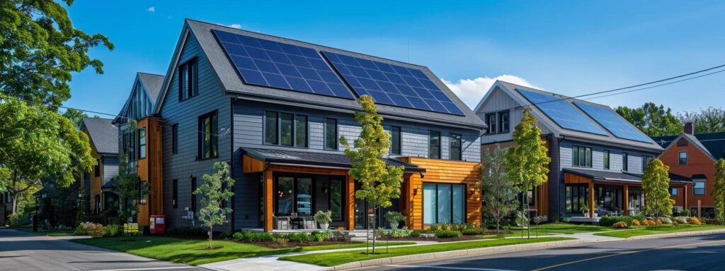 a modern rhode island home with sleek solar panels installed on the roof, set against an urban backdrop featuring a bustling street and clear blue skies, symbolizing the financial benefits and growing adoption of solar energy.