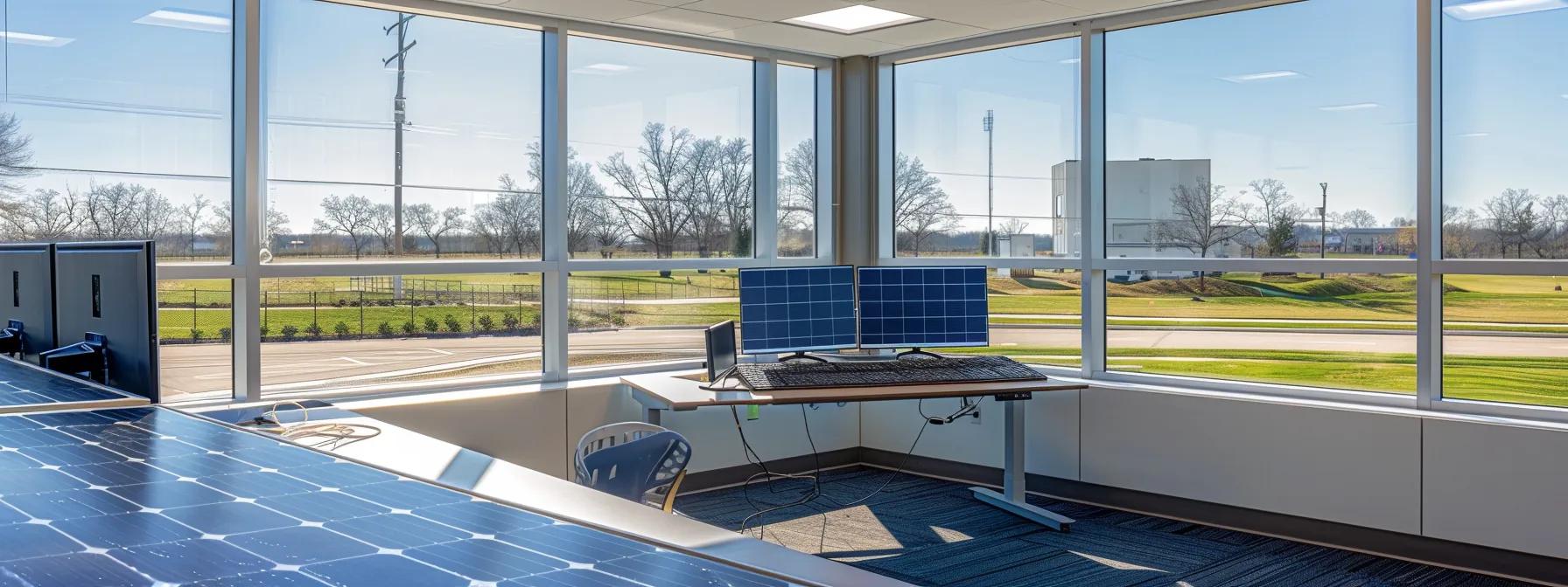 a modern rhode island office showcases a sleek display of solar panels and innovative energy solutions, emphasizing the efficiency and technology of solar power in a bright, professional setting.