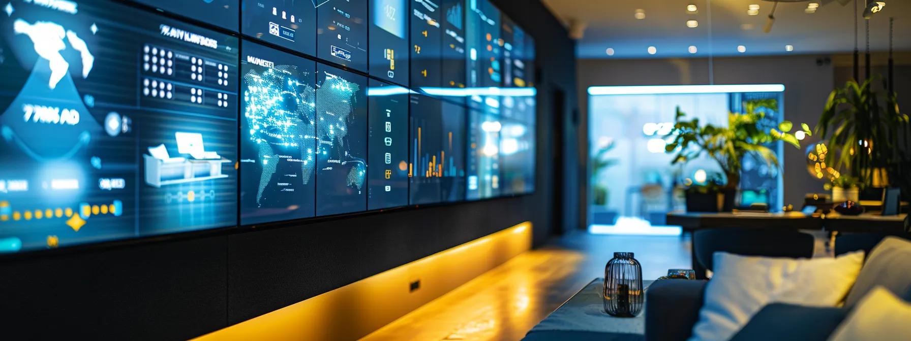 a modern, sleek office space showcases a digital display of fluctuating energy rates, with smart home devices in the foreground illuminated by cool, high-tech lighting that emphasizes the theme of energy efficiency and innovation for homeowners.