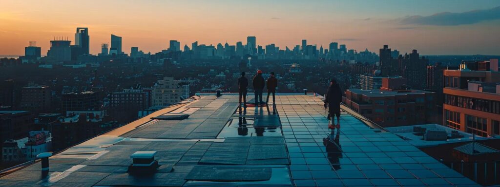 a professional solar panel installation team meticulously arranges sleek black panels atop a modern rhode island rooftop, showcasing a clear urban skyline in the background, while carefully testing connections and ensuring compliance with safety regulations under bright, artificial site lights.