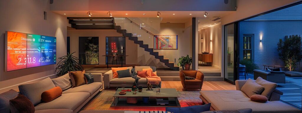 a sleek, modern massachusetts living room showcases a smart thermostat and energy monitoring hub, with vibrant digital displays illustrating real-time energy usage and adjustments, bathed in warm, inviting lighting that emphasizes the blend of technology and comfort.