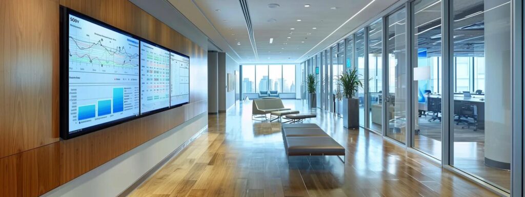 a sleek, modern office space featuring a dynamic digital dashboard displaying fluctuating energy rates, regulatory charts, and renewable energy statistics, highlighting the complexities of massachusetts energy pricing for homeowners.