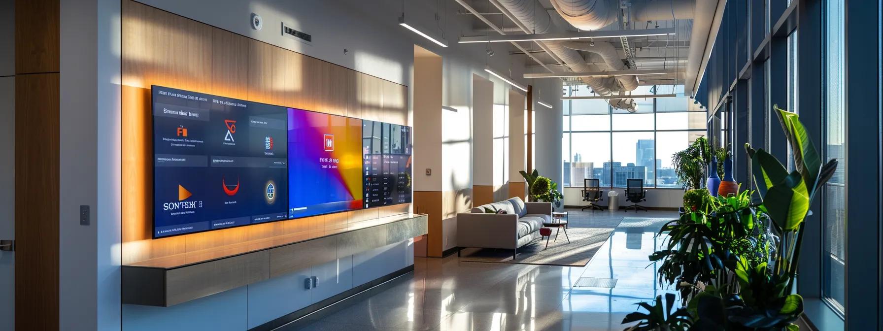 a sleek, modern office workspace showcases a vibrant display board featuring the logos and key achievements of the best solar companies in rhode island, illuminated by focused, ambient lighting against a contemporary urban backdrop.