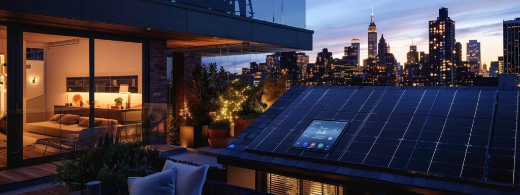 a sleek, modern solar power system on a rhode island rooftop is under bright artificial lighting, showcasing sparkling clean panels while a high-tech mobile app interface displays real-time energy performance metrics on a tablet nearby.