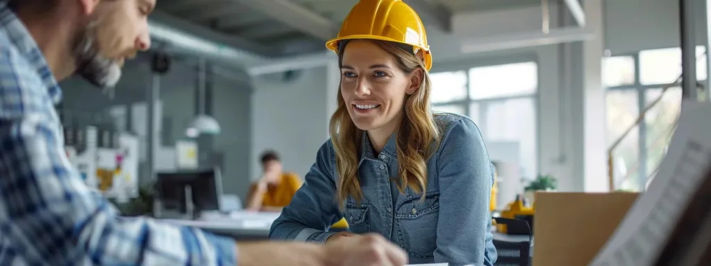 a confident homeowner consults with a professional roofing contractor inside a bright, modern office, surrounded by blueprints and roofing materials, emphasizing the importance of selecting a trustworthy expert for insurance-covered roof replacement.