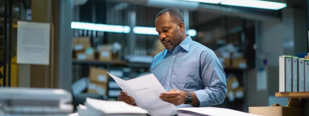 a focused office setting showcases a professional reviewing a meticulously organized stack of documents and a well-structured application form, illuminated by bright overhead lighting that emphasizes the importance of clarity and thorough preparation in securing a free roof replacement.