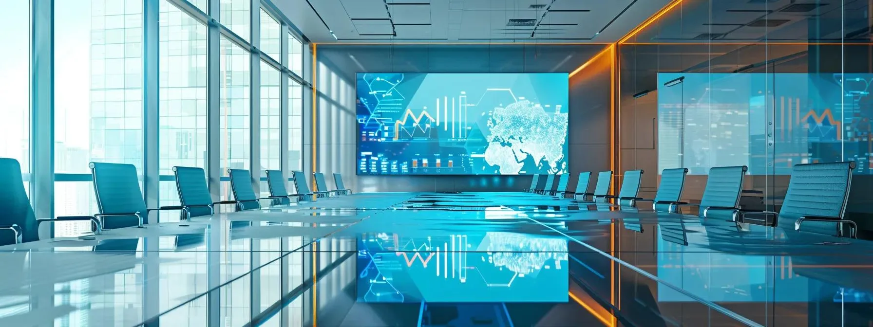 a modern office conference room, with a sleek glass table, featuring a large, vivid infographic on a digital screen that visually explains the benefits of free roof replacement insurance coverage in a clear and engaging manner.