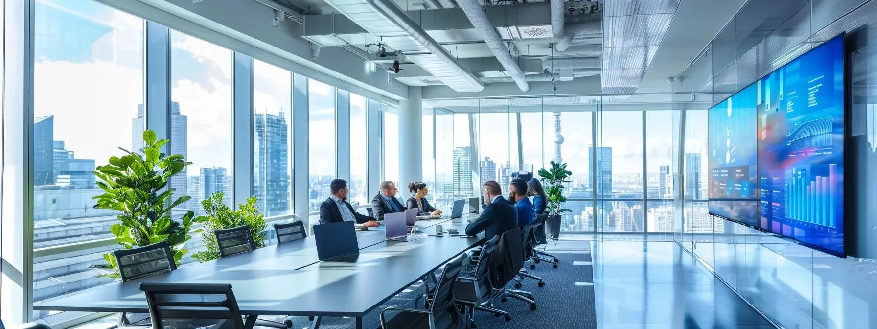 a modern office space features a sleek conference table with a digital presentation displaying a vibrant infographic on the financial benefits and long-term roi of solar panels, while professionals engage in lively discussion surrounded by high-tech equipment and urban views through large windows.