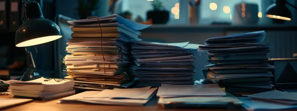 a sharp close-up of a tidy desk featuring organized stacks of essential paperwork, such as application forms and eligibility documents, illuminated by focused overhead lighting that highlights the importance of meticulous preparation for a roofing assistance application.