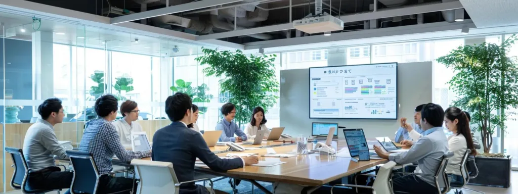 a sleek, modern office environment features a focused team gathered around a conference table, examining a digital presentation on roof maintenance documentation, highlighting the essential records needed for securing free roof replacement insurance coverage.