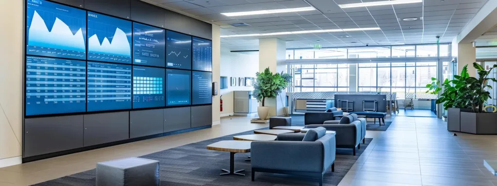 a sleek modern office featuring a large digital display board with a detailed breakdown of solar panel installation costs, illuminated by cool overhead lighting, symbolizing strategic budgeting for renewable energy in rhode island.