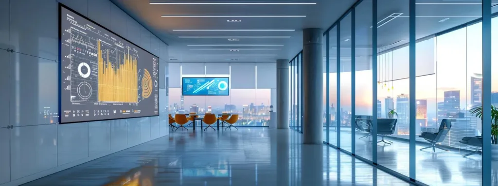 a sleek, modern office featuring a large digital display showcasing a dynamic infographic on the long-term financial benefits of solar panels, illuminated by soft artificial lighting and framed by a contemporary urban skyline visible through expansive windows.