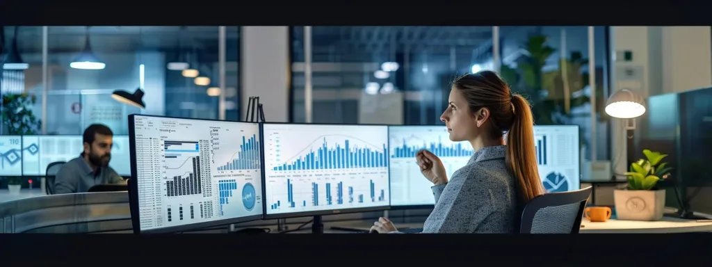 a sleek office environment features a focused professional reviewing multiple digital screens displaying detailed charts and calculations of solar panel roi metrics tailored for rhode island, illuminated by dynamic, modern lighting.