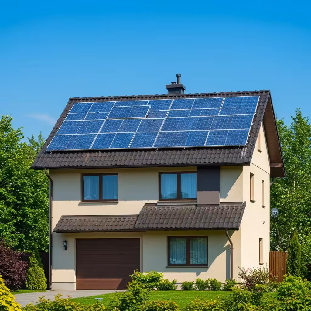 Modern home with solar panels on the roof under a clear blue sky