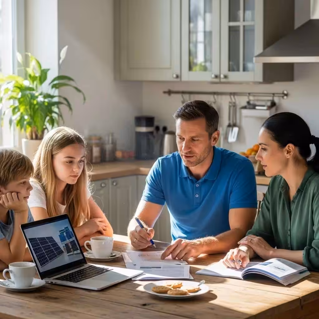 Family discussing solar energy options at home, reviewing documents and laptop displaying solar panel information, emphasizing financing methods for zero-down solar installations.