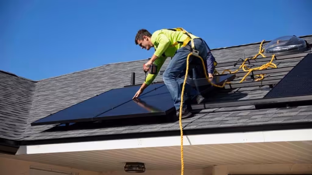 Worker installing solar panels on a residential roof, demonstrating the importance of quality equipment in solar energy solutions.