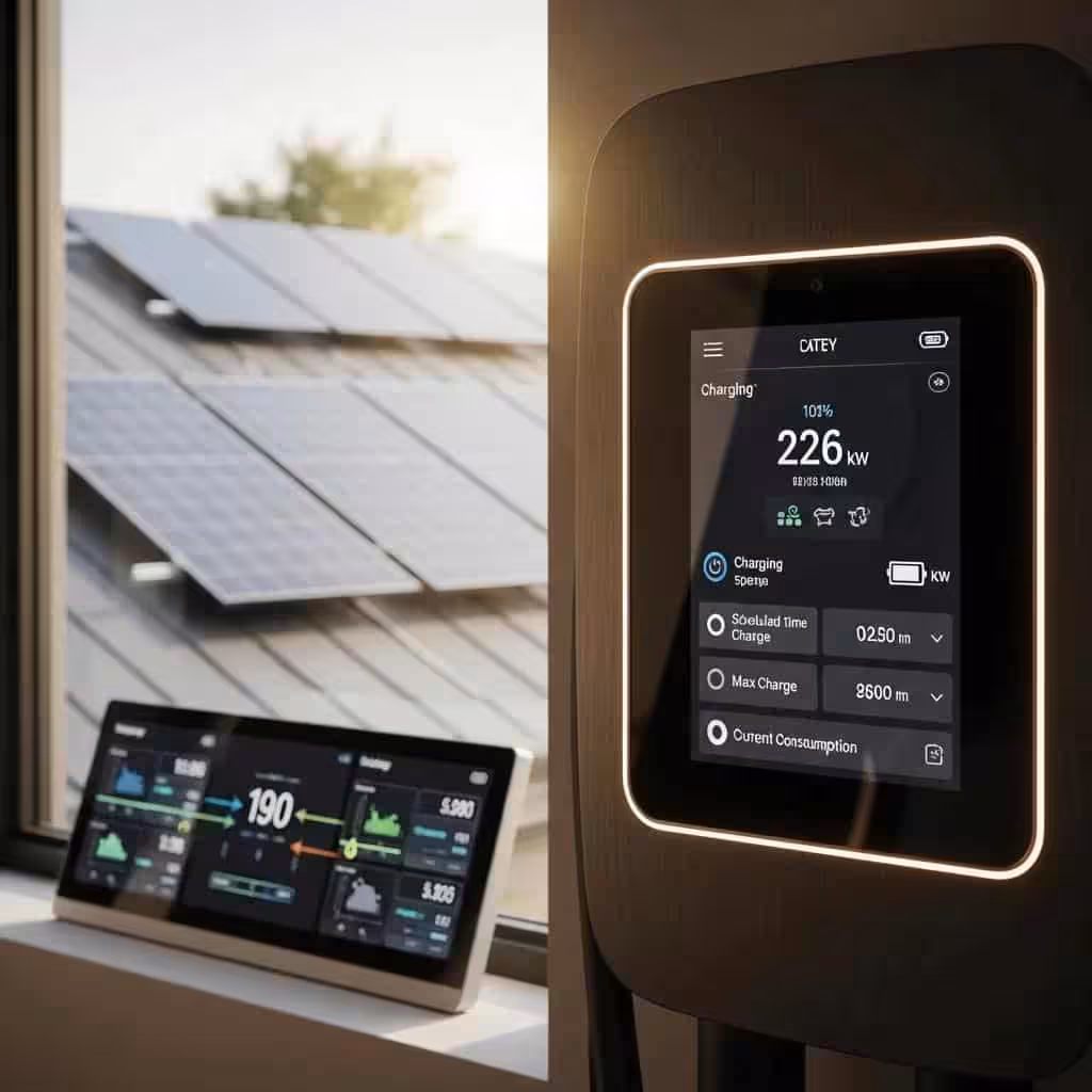 Smart EV charger with digital display showing charging status, power usage, and features, alongside solar panels and energy monitoring screens, emphasizing home energy management and efficiency.